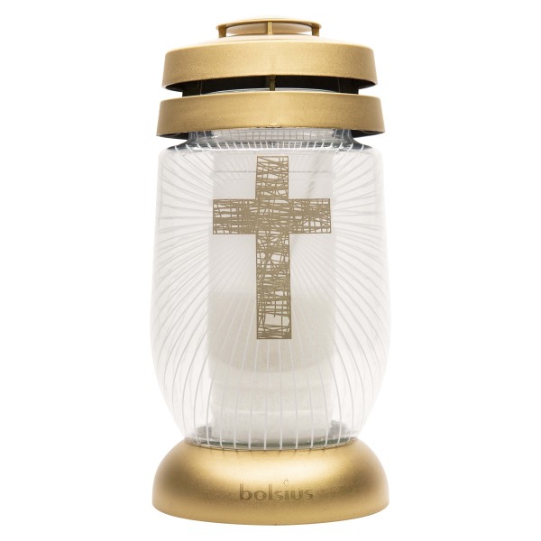 Cintorínsky lampáš BOLSIUS 22cm zlatý kríž