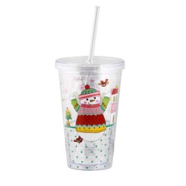 Téglik so slamkou, plastový, 460 ml, assort snehuliak / tučniak
