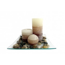 Darčekový set 3 sviečky, vôňa vanilka, na sklenenom podnose s kameňmi