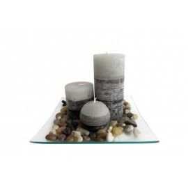 Darčekový set 3 sviečok s vôňou jazmínu na sklenenom podnose s kameňmi